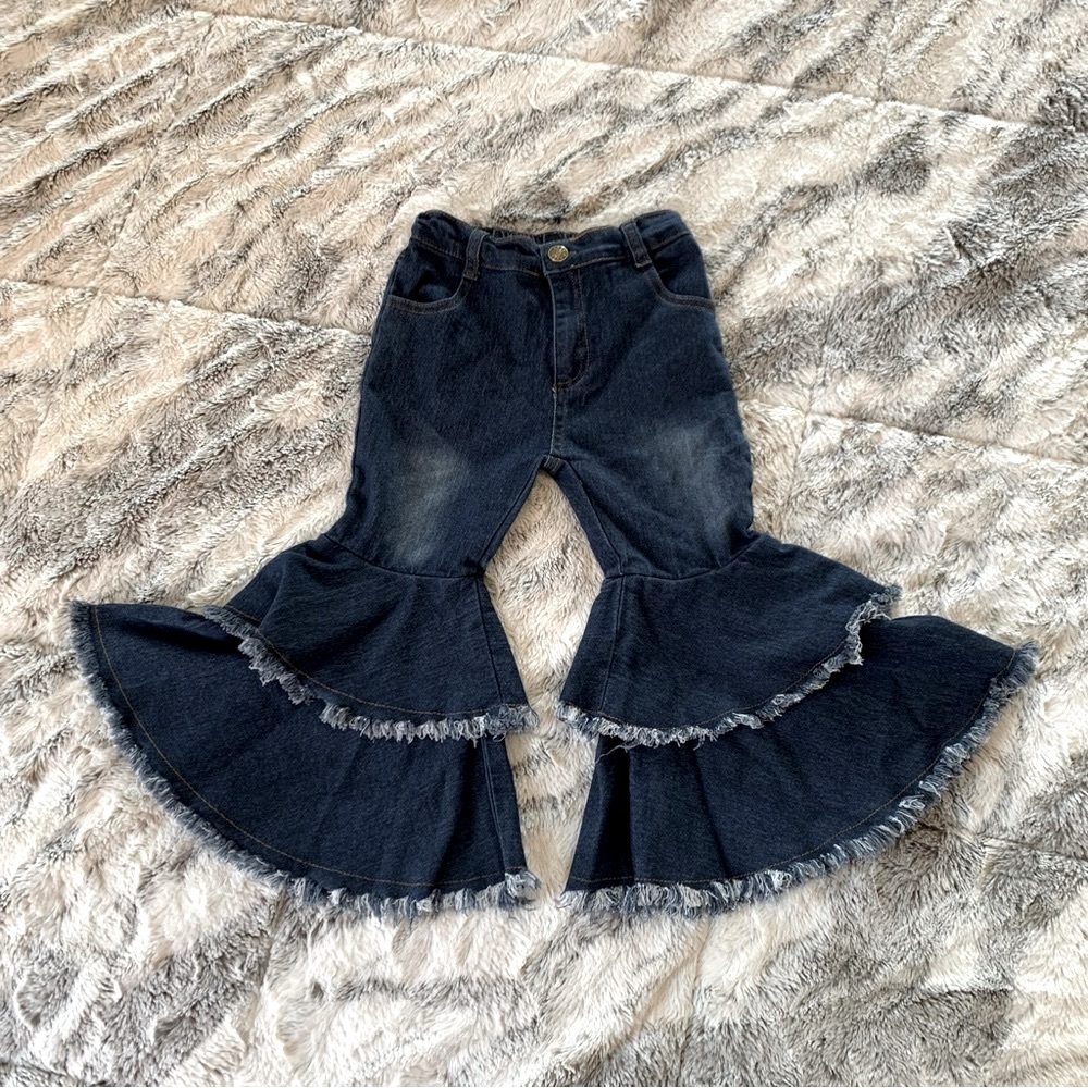 Girls Tiered Frayed Hem Flare Pull On Bottoms